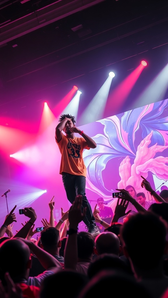 Denzel Curry performing live with colorful stage lights and a lively audience.